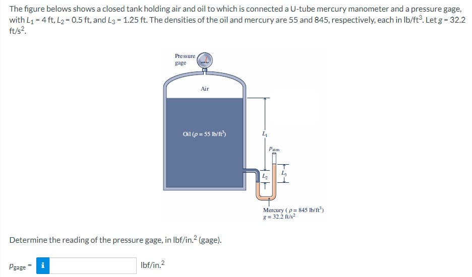 The figure belows shows a closed tank holding air and oil to which is connected a U-tube mercury manometer and a pressure gage,
with L₁ = 4 ft, L₂=0.5 ft, and L3 = 1.25 ft. The densities of the oil and mercury are 55 and 845, respectively, each in lb/ft³. Let g = 32.2
ft/s².
Pgage
i
Pressure
gage
Determine the reading of the pressure gage, in lbf/in.² (gage).
lbf/in.²
Air
Oil (p = 55 lb/ft³)
Patm
Mercury (p= 845 lb/ft³)
g= 32.2 ft/s²