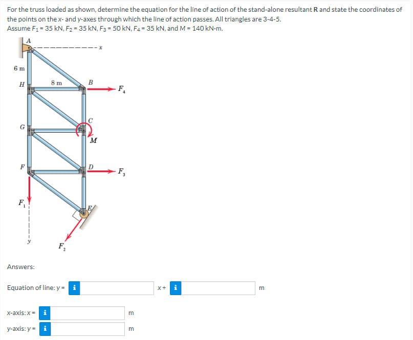 For the truss loaded as shown, determine the equation for the line of action of the stand-alone resultant R and state the coordinates of
the points on the x- and y-axes through which the line of action passes. All triangles are 3-4-5.
Assume F₁ = 35 kN, F2 = 35 kN, F3 = 50 kN, F4 = 35 kN, and M = 140 kN-m.
A
6m
H
F
5
Answers:
8 m
x-axis: x =
y-axis: y = i
F₂
Equation of line: y = i
--x
B
M
F
D - F,
m
m
x+
Mi
3