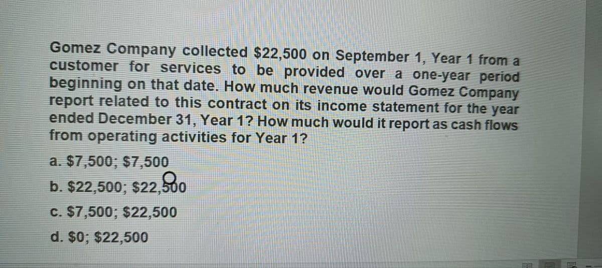 Gomez Company collected $22,500 on September 1, Year 1 from a
customer for services to be provided over a one-year period
beginning on that date. How much revenue would Gomez Company
report related to this contract on its income statement for the year
ended December 31, Year 1? How much would it report as cash flows
from operating activities for Year 1?
a. $7,500; $7,500
b. $22,500; $22,900
c. $7,500; $22,500
d. $0; $22,500
BE