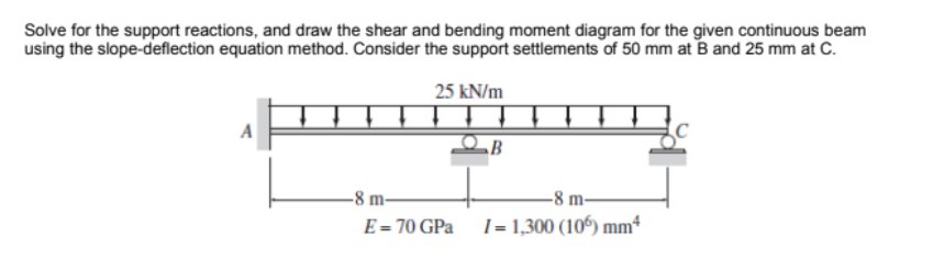 Solve for the support reactions, and draw the shear and bending moment diagram for the given continuous beam
using the slope-deflection equation method. Consider the support settlements of 50 mm at B and 25 mm at C.
25 kN/m
B
-8 m-
-8 m-
E = 70 GPa
1 = 1,300 (106) mmª

