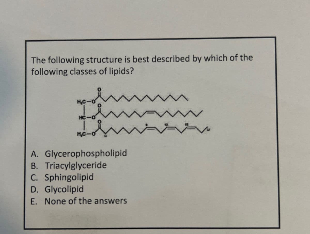 The following structure is best described by which of the
following classes of lipids?
H,C-O
I i
www
HC-0
H,C-O
A. Glycerophospholipid
B. Triacylglyceride
C. Sphingolipid
D. Glycolipid
E. None of the answers