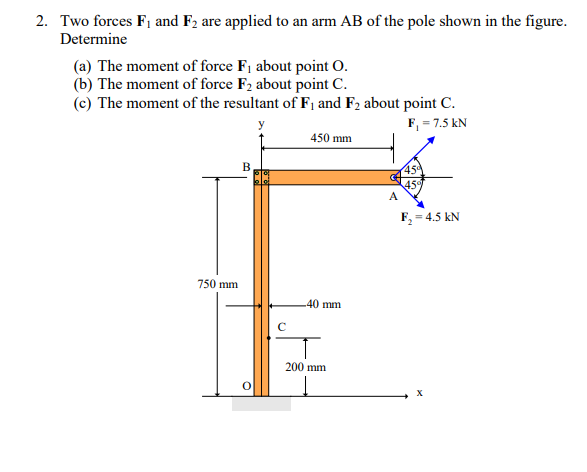 2. Two forces F1 and F2 are applied to an arm AB of the pole shown in the figure.
Determine
(a) The moment of force F1 about point O.
(b) The moment of force F2 about point C.
(c) The moment of the resultant of F1 and F2 about point C.
y
F, = 7.5 kN
450 mm
459
A
F, = 4.5 kN
750 mm
40 mm
200 mm
