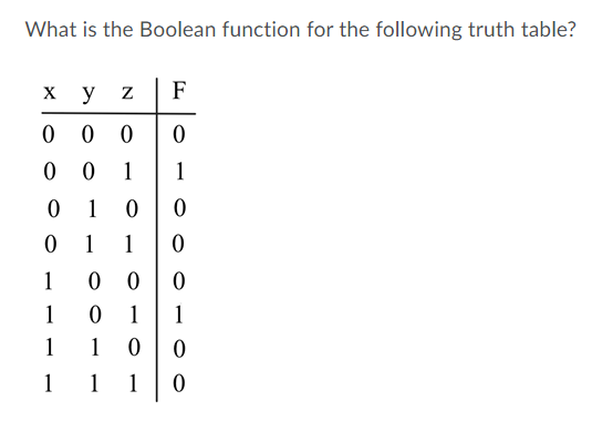 What is the Boolean function for the following truth table?
y
F
0 0
1
1
1
1
1
1
0 0
1
1
1
1
1
1
1
1
