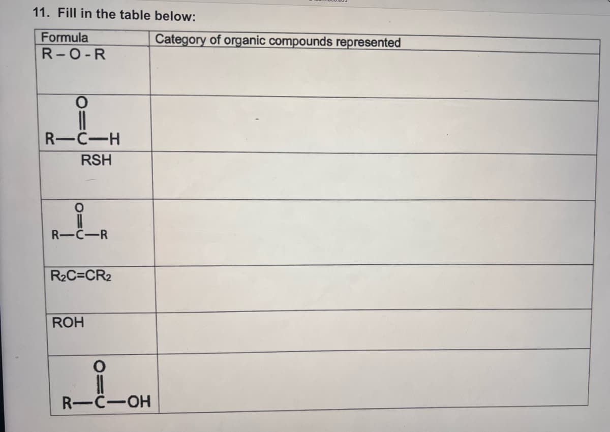 11. Fill in the table below:
Formula
R-O-R
R-C-H
RSH
O=C
R-C-R
R₂C=CR₂
ROH
O
R-C-OH
Category of organic compounds represented