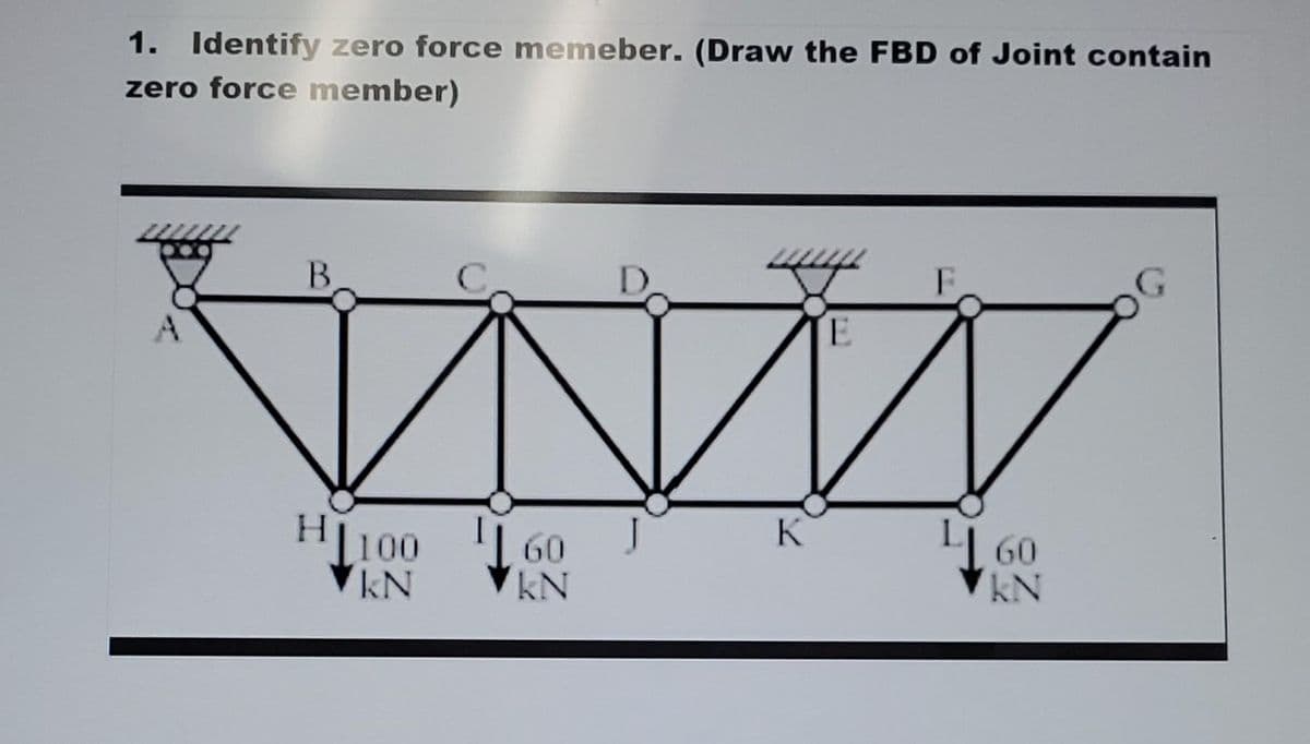 1. Identify zero force memeber. (Draw the FBD of Joint contain
zero force member)
A
B
H
100
KN
C.
60
kN
D
K
E
F
60
kN
