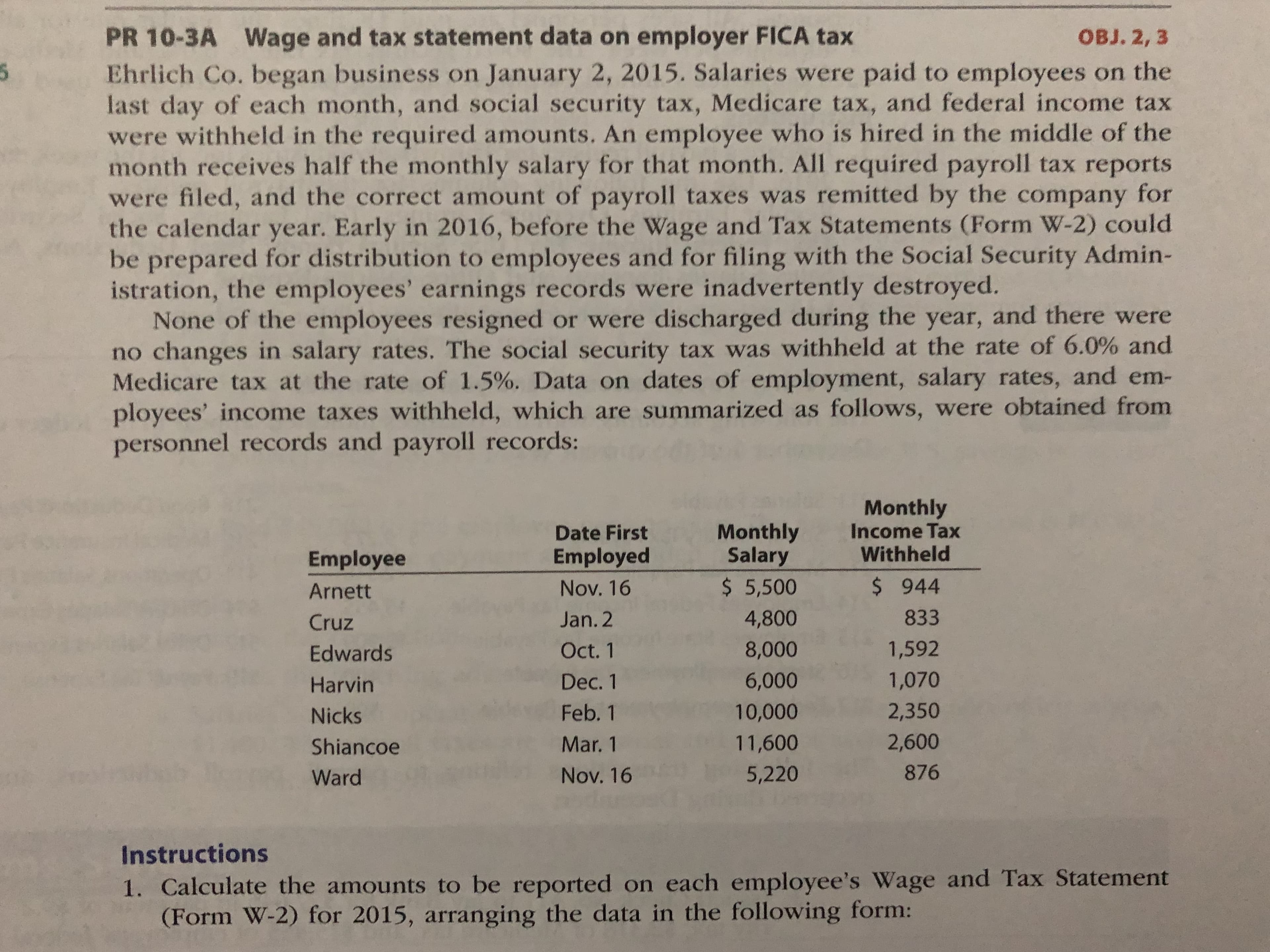 Instructions
1. Calculate the amounts to be reported on each employee's Wage and Tax Statement
(Form W-2) for 2015, arranging the data in the following form:

