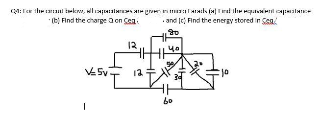Q4: For the circuit below, all capacitances are given in micro Farads (a) Find the equivalent capacitance
(b) Find the charge Q on Ceg
, and (c) Find the energy stored in Ceg./
80
५०
V=5v
12
12
50
60
:10