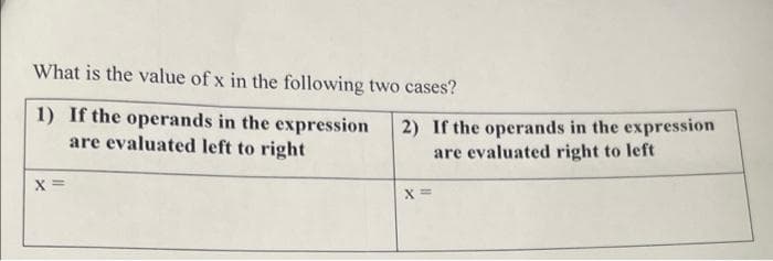 What is the value of x in the following two cases?
1) If the operands in the expression
are evaluated left to right
2) If the operands in the expression
are evaluated right to left
X =
