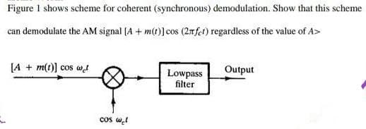 Figure 1 shows scheme for coherent (synchronous) demodulation. Show that this scheme
can demodulate the AM signal [A + m(t)]cos (27fet) regardless of the value of A>
[A + m(t)] cos wt
Output
Lowpass
filter
cos w!
