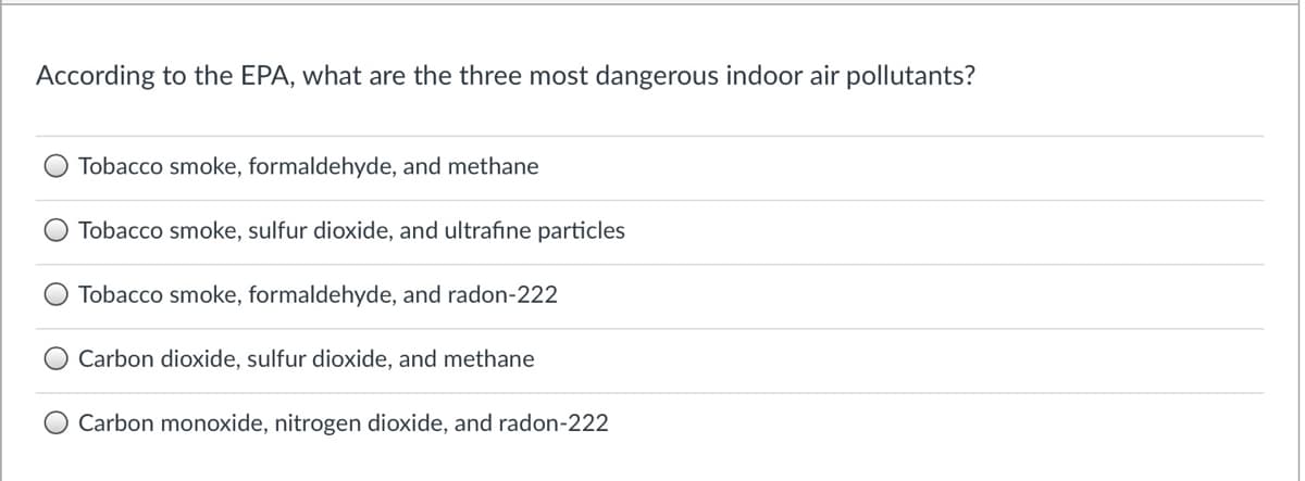According to the EPA, what are the three most dangerous indoor air pollutants?
Tobacco smoke, formaldehyde, and methane
Tobacco smoke, sulfur dioxide, and ultrafine particles
Tobacco smoke, formaldehyde, and radon-222
Carbon dioxide, sulfur dioxide, and methane
O Carbon monoxide, nitrogen dioxide, and radon-222
