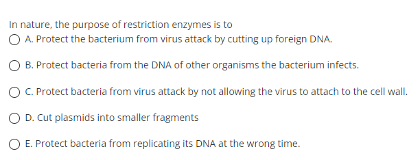 In nature, the purpose of restriction enzymes is to
O A. Protect the bacterium from virus attack by cutting up foreign DNA.
O B. Protect bacteria from the DNA of other organisms the bacterium infects.
O C. Protect bacteria from virus attack by not allowing the virus to attach to the cell wall.
O D. Cut plasmids into smaller fragments
O E. Protect bacteria from replicating its DNA at the wrong time.
