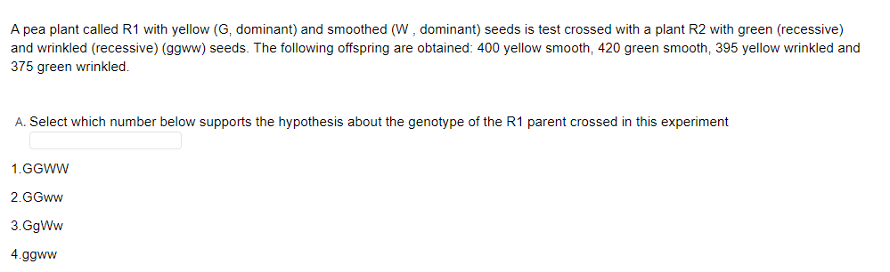 A pea plant called R1 with yellow (G, dominant) and smoothed (W , dominant) seeds is test crossed with a plant R2 with green (recessive)
and wrinkled (recessive) (ggww) seeds. The following offspring are obtained: 400 yellow smooth, 420 green smooth, 395 yellow wrinkled and
375 green wrinkled.
A. Select which number below supports the hypothesis about the genotype of the R1 parent crossed in this experiment
1.GGWW
2.GGww
3.GgWw
4.ggww
