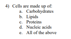 4) Cells are made up of:
a. Carbohydrates
b. Lipids
c. Proteins
d. Nucleic acids
e. All of the above