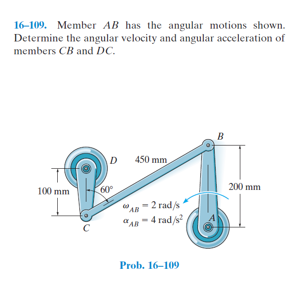 16-109. Member AB has the angular motions shown.
Determine the angular velocity and angular acceleration of
members CB and DC.
100 mm
с
D
60°
450 mm
W
= 2 rad/s
AB
%AB = 4 rad/s²
Prob. 16-109
B
200 mm