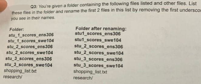Q3: You're given a folder containing the following files listed and other files. List
these files in the folder and rename the first 2 files in this list by removing the first underscom
you see in their names.
Folder:
stu_1_scores_ens306
Folder after renaming:
stu1_scores_ens306
stu_1_scores_swe104
stu1_scores_swe104
stu_2_scores_ens306
stu_2_scores_ens306
stu_2_scores_swe104
stu_2_scores_swe104
stu_3_scores_ens306
stu_3_scores_ens306
stu_3_scores_swe104
stu_3_scores_swe104
shopping_list.txt
shopping_list.txt
research/
research/
