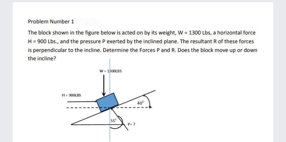 Problem Number 1
The block shown in the figure below is acted on by its weight, W = 1300 Lbs, a horizontal force
H = 900 Lbs., and the pressure P exerted by the inclined plane. The resultant R of these forces
is perpendicular to the incline. Determine the Forces P and R. Does the block move up or down
the incline?
W = 1300LBS
H= 900LBS
40°
55°
P= ?

