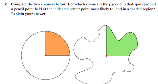 2. Compare the two spinners below. For which spinner is the paper clip that spins around
a pencil point held at the indicated center point most likely to land in a shaded region?
Explain your answer
