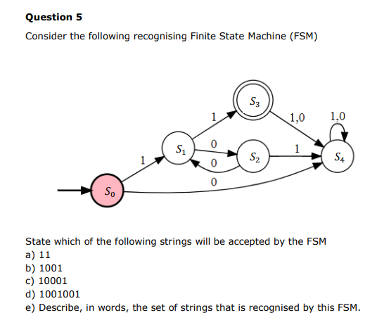 Question 5
Consider the following recognising Finite State Machine (FSM)
S3
1,0
1,0
S1
S2
S4
So
State which of the following strings will be accepted by the FSM
a) 11
b) 1001
c) 10001
d) 1001001
e) Describe, in words, the set of strings that is recognised by this FSM.
ら

