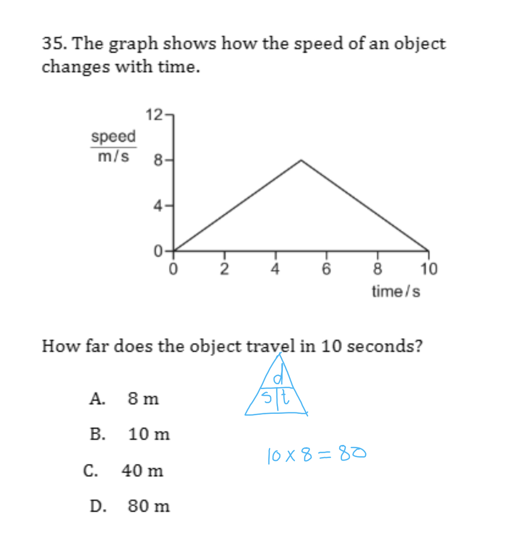 35. The graph shows how the speed of an object
changes with time.
speed
m/s
A.
12-
B.
8-
4
0
8 m
10 m
4
How far does the object travel in 10 seconds?
C.
40 m
D. 80 m
6
8
time/s
10
10x8=80