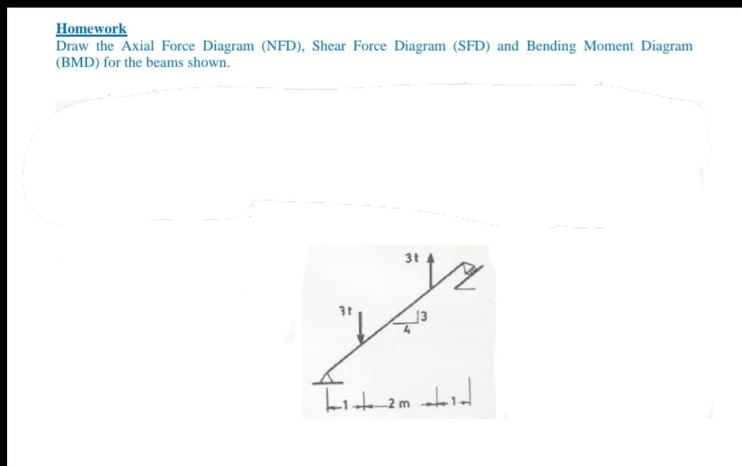 Homework
Draw the Axial Force Diagram (NFD), Shear Force Diagram (SFD) and Bending Moment Diagram
(BMD) for the beams shown.
ورا"
3t
بہت
13