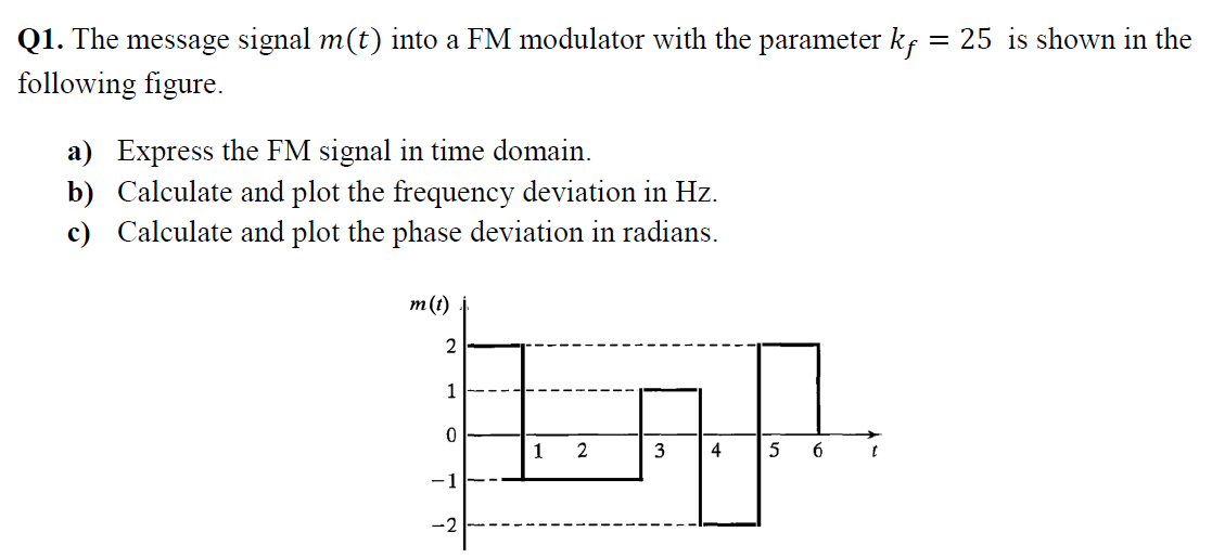 Q1. The message signal m(t) into a FM modulator with the parameter kf = 25 is shown in the
following figure.
%3|
a) Express the FM signal in time domain.
b) Calculate and plot the frequency deviation in Hz.
c) Calculate and plot the phase deviation in radians.
m(t)
2
1
1
3
4
-1
