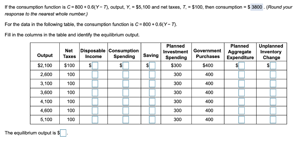 If the consumption function is C= 800 + 0.6(Y- T), output, Y, = $5,100 and net taxes, T, = $100, then consumption = $ 3800 . (Round your
response to the nearest whole number.)
For the data in the following table, the consumption function is C=800 + 0.6(Y- T).
Fill in the columns in the table and identify the equilibrium output.
Unplanned
Inventory
Change
Planned
Planned
Disposable Consumption
Spending
InvestmentGovernment
Spending
Net
Aggregate
Expenditure
Output
Taxes
Income
Saving
Purchases
$2,100
$100
$
$
$300
$400
$
2,600
100
300
400
3,100
100
300
400
3,600
100
300
400
4,100
100
300
400
4,600
100
300
400
5,100
100
300
400
The equilibrium output is $
