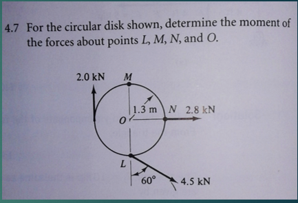 4.7 For the circular disk shown, determine the moment of
the forces about points L, M, N, and O.
2.0 kN
M
1.3 m N 2.8 kN
60°
4.5 kN
