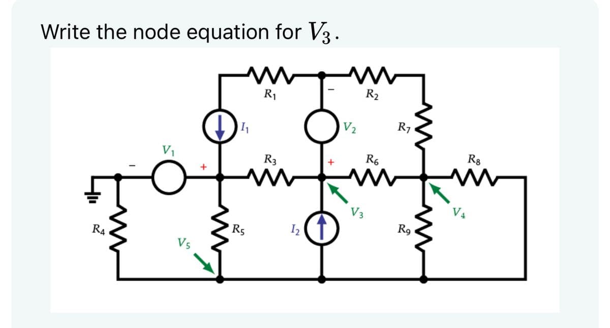 Write the node equation for V3.
R₂
R₁
T
im fi
R3
+
V3
1₂ (†
R4
V5
1₁
R5
R6
R1
R9
V4
R8