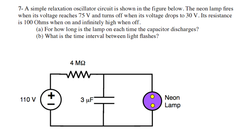 7- A simple relaxation oscillator circuit is shown in the figure below. The neon lamp fires
when its voltage reaches 75 V and turns off when its voltage drops to 30 V. Its resistance
is 100 Ohms when on and infinitely high when off.
(a) For how long is the lamp on each time the capacitor discharges?
(b) What is the time interval between light flashes?
110 V
+1
4 ΜΩ
www
3 μF
Neon
Lamp