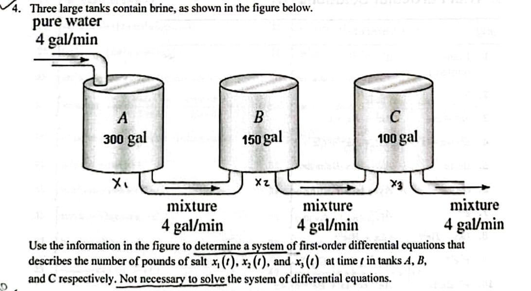 D
4. Three large tanks contain brine, as shown in the figure below.
pure water
4 gal/min
A
300 gal
X₁
B
150 gal
XZ
C
100 gal
x3
mixture
mixture
4 gal/min
4 gal/min
Use the information in the figure to determine a system of first-order differential equations that
describes the number of pounds of salt x, (), x₂ (1), and x, (1) at time in tanks A, B,
and C respectively. Not necessary to solve the system of differential equations.
mixture
4 gal/min