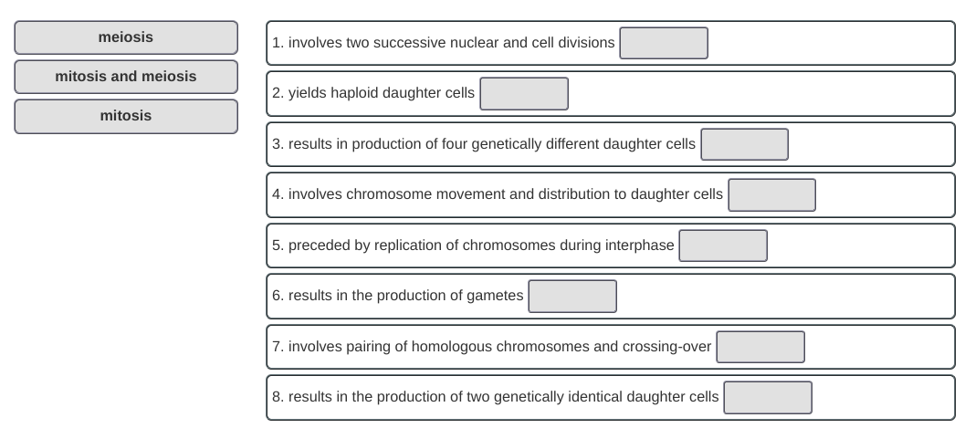 meiosis
mitosis and meiosis
mitosis
1. involves two successive nuclear and cell divisions
2. yields haploid daughter cells
3. results in production of four genetically different daughter cells
4. involves chromosome movement and distribution to daughter cells
5. preceded by replication of chromosomes during interphase
6. results in the production of gametes
7. involves pairing of homologous chromosomes and crossing-over
8. results in the production of two genetically identical daughter cells