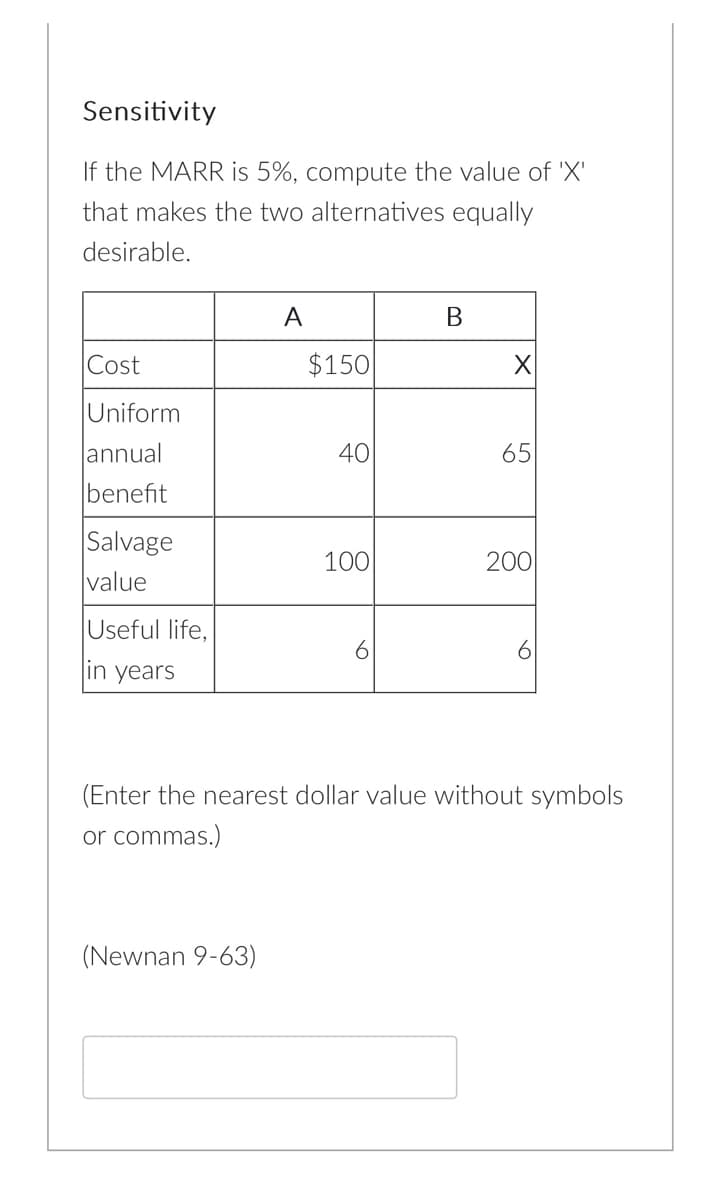 Sensitivity
If the MARR is 5%, compute the value of 'X'
that makes the two alternatives equally
desirable.
Cost
Uniform
annual
benefit
Salvage
value
Useful life,
in years
A
(Newnan 9-63)
$150
401
100
6
B
X
65
200
(Enter the nearest dollar value without symbols
or commas.)