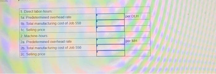 ences
1. Direct labor-hours.
1a Predetermined overhead rate
1b. Total manufacturing cost of Job 550
1c. Selling price
2 Machine-hours.
2a. Predetermined overhead rate
2b. Total manufacturing cost of Job 550
2c. Selling price
per DLH
per MH