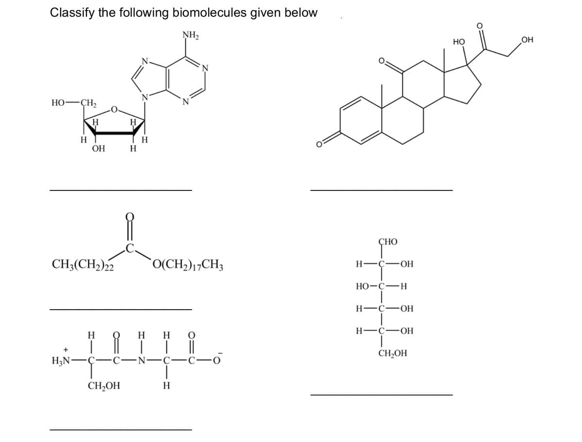 Classify the following biomolecules given below
NH2
но
OH
HO-ÇH2
H
H
H
ОН
H
H
СНО
CH3(CH2)22
`O(CH2)1¬CH3
H -Ç-OH
НО-с—Н
H-C-OH
H-C-0H
H
H
H
||
CH2OH
H3N
-C-
N -C -
CH,OH
H
