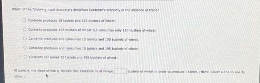 Which of the following most accurately describes Contente's economy in the absence of trade?
O Contente produces 15 tablets and 195 bushels of wheat.
O Contente produces 195 bushels of wheat but consumes only 150 bushels of wheat.
O Contente produces and consumes 15 tablets and 150 bushels of wheat.
O Contente produces and consumes 15 tablets and 195 bushels of wheat.
O Contente consumes 15 tablets and 195 bushels of wheat
At point A, the slope of line f, reveals that Contente must forego
slope.)
bushels of wheat in order to produce 1 tablet. (Hint: Select a line to see its