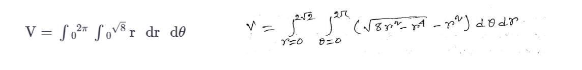 2π
Vf2 for dr de
=
༡ །
v = 12√2 125 (√√8812-84-82) dodr
r=0 0=0