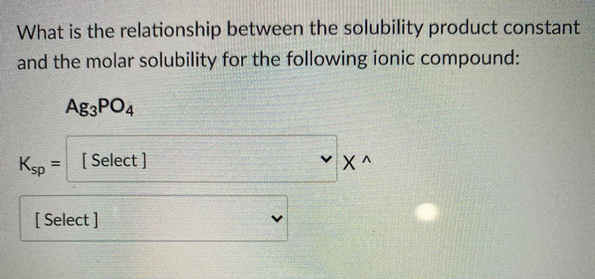 What is the relationship between the solubility product constant
and the molar solubility for the following ionic compound:
Ag3PO4
KSp =
[ Select ]
v X ^
[Select]
