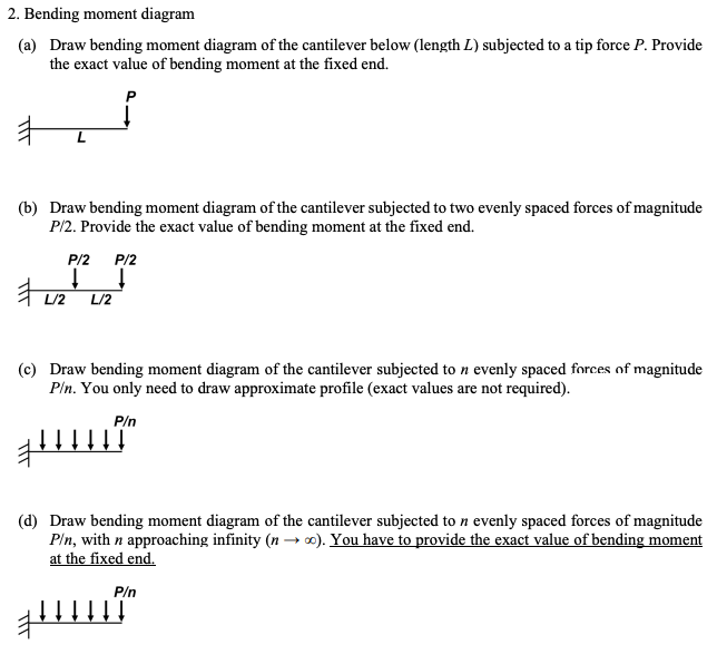 2. Bending moment diagram
(a) Draw bending moment diagram of the cantilever below (length L) subjected to a tip force P. Provide
the exact value of bending moment at the fixed end.
P
L
(b) Draw bending moment diagram of the cantilever subjected to two evenly spaced forces of magnitude
P/2. Provide the exact value of bending moment at the fixed end.
#
P/2 P/2
↓
L/2 L/2
(c) Draw bending moment diagram of the cantilever subjected to n evenly spaced forces of magnitude
P/n. You only need to draw approximate profile (exact values are not required).
P/n
(d) Draw bending moment diagram of the cantilever subjected to n evenly spaced forces of magnitude
P/n, with n approaching infinity (n→ ∞). You have to provide the exact value of bending moment
at the fixed end.
P/n