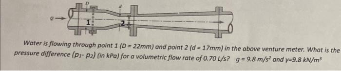 Water is flowing through point 1 (D = 22mm) and point 2 (d = 17mm) in the above venture meter. What is the
pressure difference (P1-P2) (in kPa) for a volumetric flow rate of 0.70 L/s? g=9.8 m/s² and y=9.8 kN/m³