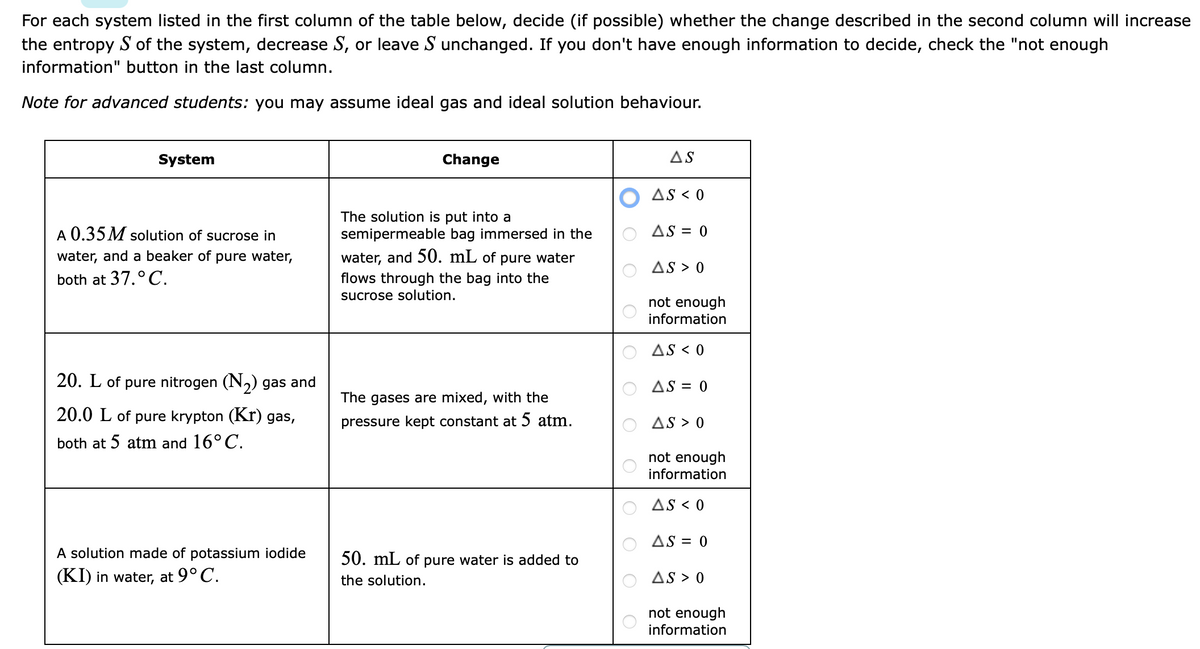 For each system listed in the first column of the table below, decide (if possible) whether the change described in the second column will increase
the entropy S of the system, decrease S, or leave S unchanged. If you don't have enough information to decide, check the "not enough
information" button in the last column.
Note for advanced students: you may assume ideal gas and ideal solution behaviour.
System
A 0.35 M solution of sucrose in
water, and a beaker of pure water,
both at 37.° C.
20. L of pure nitrogen (N₂) gas and
20.0 L of pure krypton (Kr) gas,
both at 5 atm and 16° C.
A solution made of potassium iodide
(KI) in water, at 9° C.
Change
The solution is put into a
semipermeable bag immersed in the
water, and 50. mL of pure water
flows through the bag into the
sucrose solution.
The gases are mixed, with the
pressure kept constant at 5 atm.
50. mL of pure water is added to
the solution.
ооо
O
AS
AS < 0
AS = 0
AS > 0
not enough
information
AS < 0
AS = 0
AS > 0
not enough
information
AS < 0
AS = 0
AS > 0
not enough
information