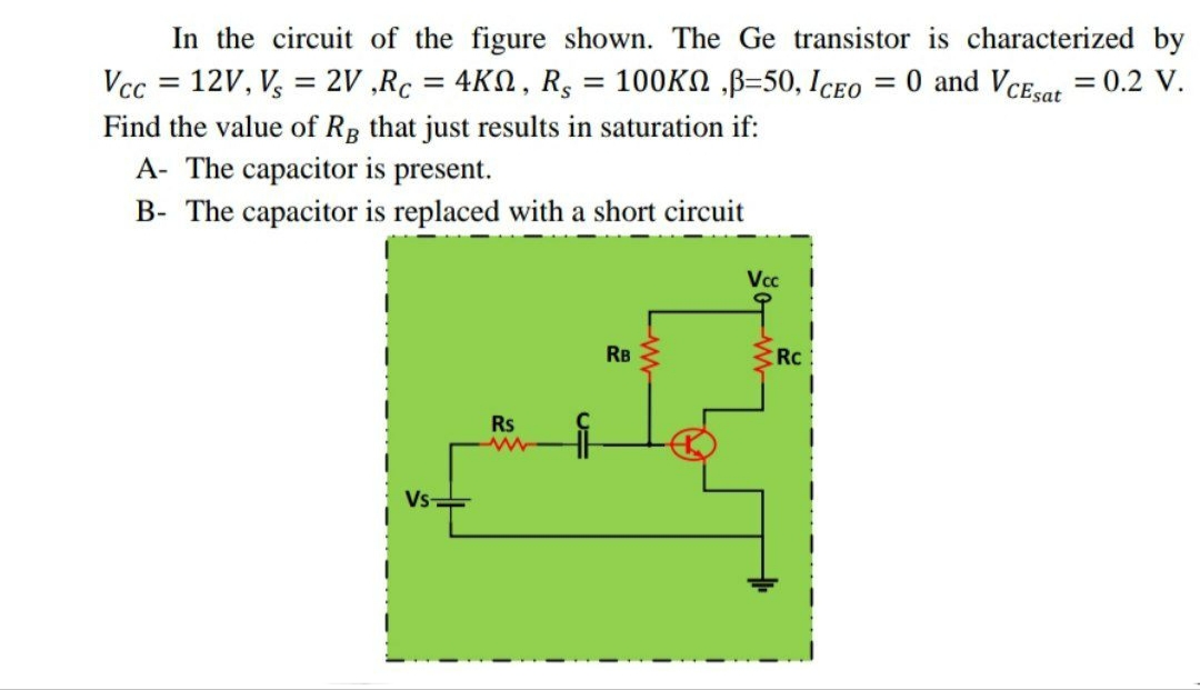 In the circuit of the figure shown. The Ge transistor is characterized by
Vcc = 12V, V, = 2V ,Rc = 4KN, R, = 100KN ,B=50, Iceo = 0 and VcEsat = 0.2 V.
Find the value of Rg that just results in saturation if:
A- The capacitor is present.
B- The capacitor is replaced with a short circuit
Vc
RB
Rc
Rs
Vs-
