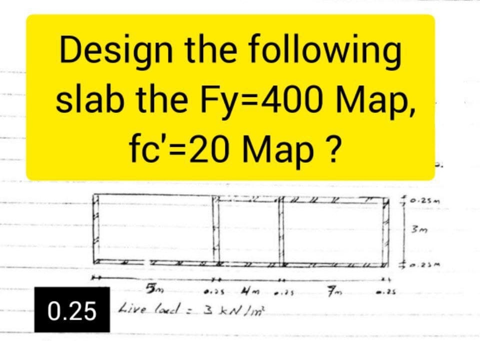 Design the following
slab the Fy=400 Map,
fc'=20 Map ?
10.25m
ア。
0.25 4ive load= 3 kN /m
