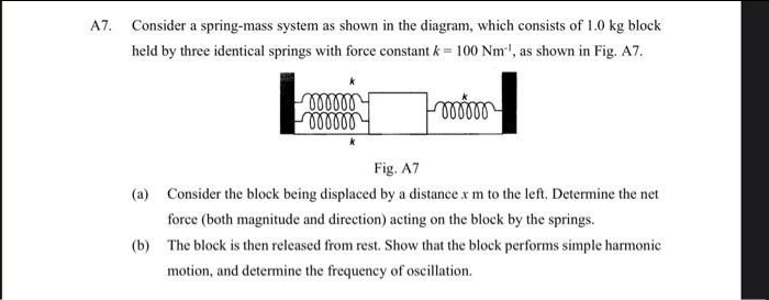 A7. Consider a spring-mass system as shown in the diagram, which consists of 1.0 kg block
held by three identical springs with force constant k = 100 Nm', as shown in Fig. A7.
Fig. A7
(a) Consider the block being displaced by a distance x m to the left. Determine the net
force (both magnitude and direction) acting on the block by the springs.
(b) The block is then released from rest. Show that the block performs simple harmonic
motion, and determine the frequency of oscillation.
