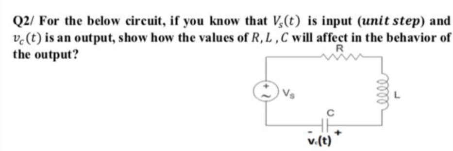 Q2/ For the below circuit, if you know that V,(t) is input (unit step) and
v.(t) is an output, show how the values of R, L, C will affect in the behavior of
the output?
R
C
v.(t)
