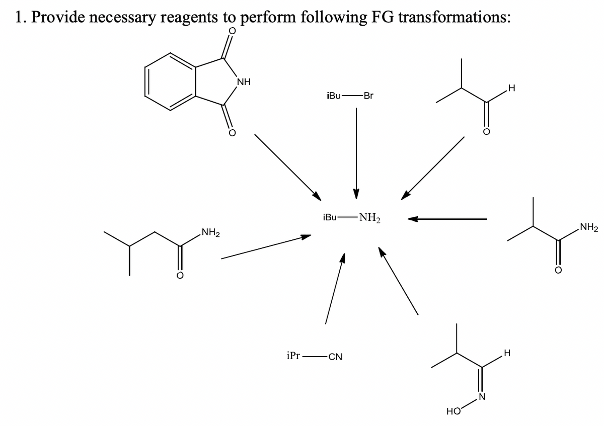 1. Provide necessary reagents to perform following FG transformations:
NH
iBu -Br
iBu -NH2
NH2
NH2
iPr -
CN
HO
