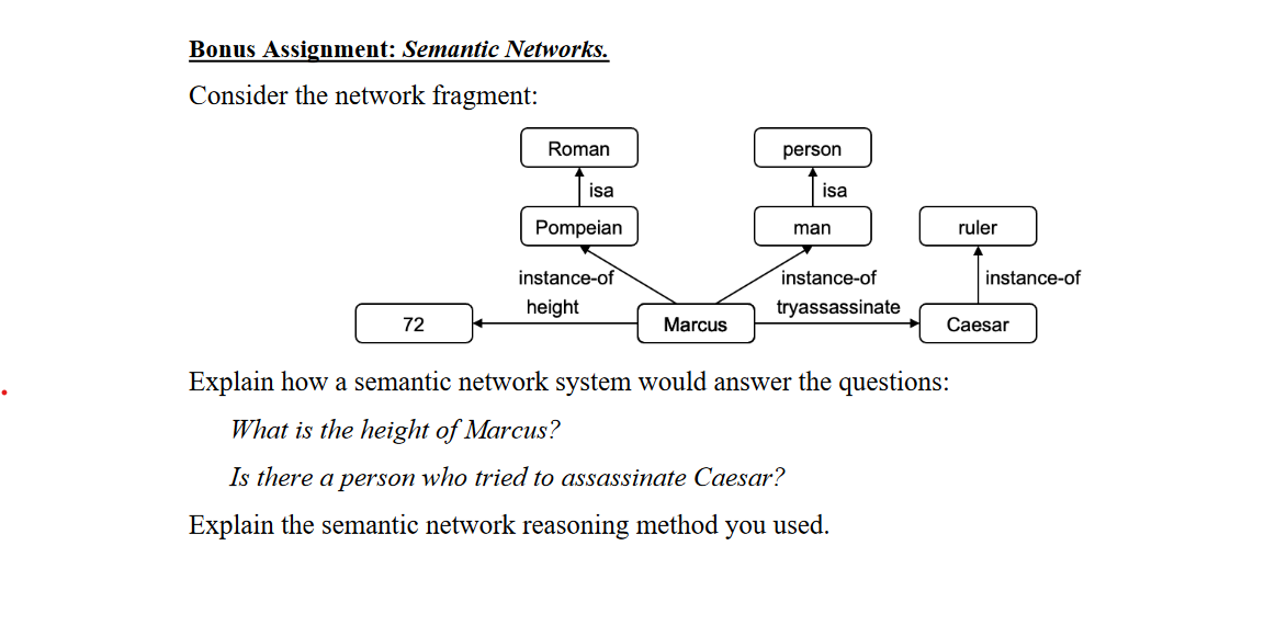 Bonus Assignment: Semantic Networks.
Consider the network fragment:
Roman
person
isa
isa
Pompeian
man
ruler
instance-of
instance-of
instance-of
height
tryassassinate
72
Marcus
Caesar
Explain how a semantic network system would answer the questions:
What is the height of Marcus?
Is there a person who tried to assassinate Caesar?
Explain the semantic network reasoning method you used.
