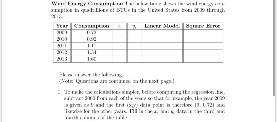 Wind Energy Consumption The below table shows the wind energy con-
sumption in quadrillions of BTUs in the United States from 2009 through
2013.
Year Consumption Xi
2009
0.72
2010
0.92
2011
1.17
2012
2013
1.34
1.60
Yi Linear Model
Please answer the following.
(Note: Questions are continued on the next page.)
Square Error
1. To make the calculations simpler, before computing the regression line,
subtract 2000 from each of the years so that for example, the year 2009
is given as 9 and the first (x,y) data point is therefore (9, 0.72) and
likewise for the other years. Fill in the x, and y, data in the third and
fourth columns of the table.