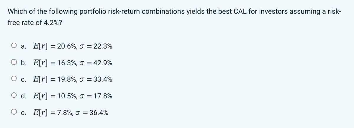 Which of the following portfolio risk-return combinations yields the best CAL for investors assuming a risk-
free rate of 4.2%?
a. E[r] =20.6%, o = 22.3%
O b. E[r] = 16.3%, σ = 42.9%
c. E[r]=19.8%, = 33.4%
d. E[r]= 10.5%, σ = 17.8%
e. E[r]=7.8%, σ = 36.4%