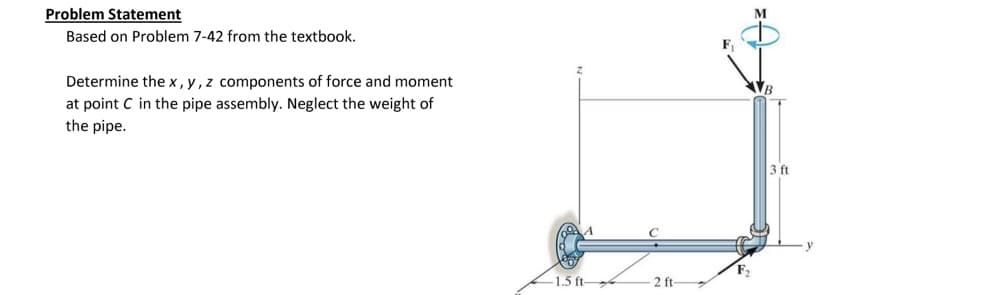 Problem Statement
Based on Problem 7-42 from the textbook.
Determine the x, y, z components of force and moment
at point C in the pipe assembly. Neglect the weight of
the pipe.
-1.5 ft-
2 ft-
F₂
B
3 ft