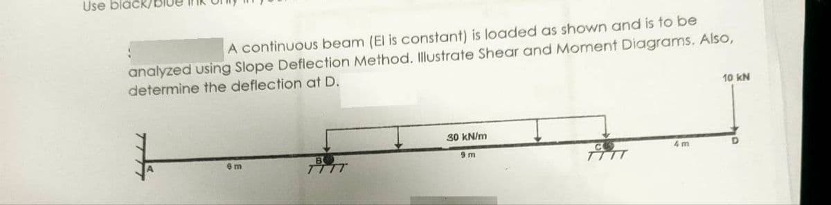 Use black/Blue
A continuous beam (El is constant) is loaded as shown and is to be
analyzed using Slope Deflection Method. Illustrate Shear and Moment Diagrams. Also,
determine the deflection at D.
6 m
30 kN/m
9 m
4m
10 kN